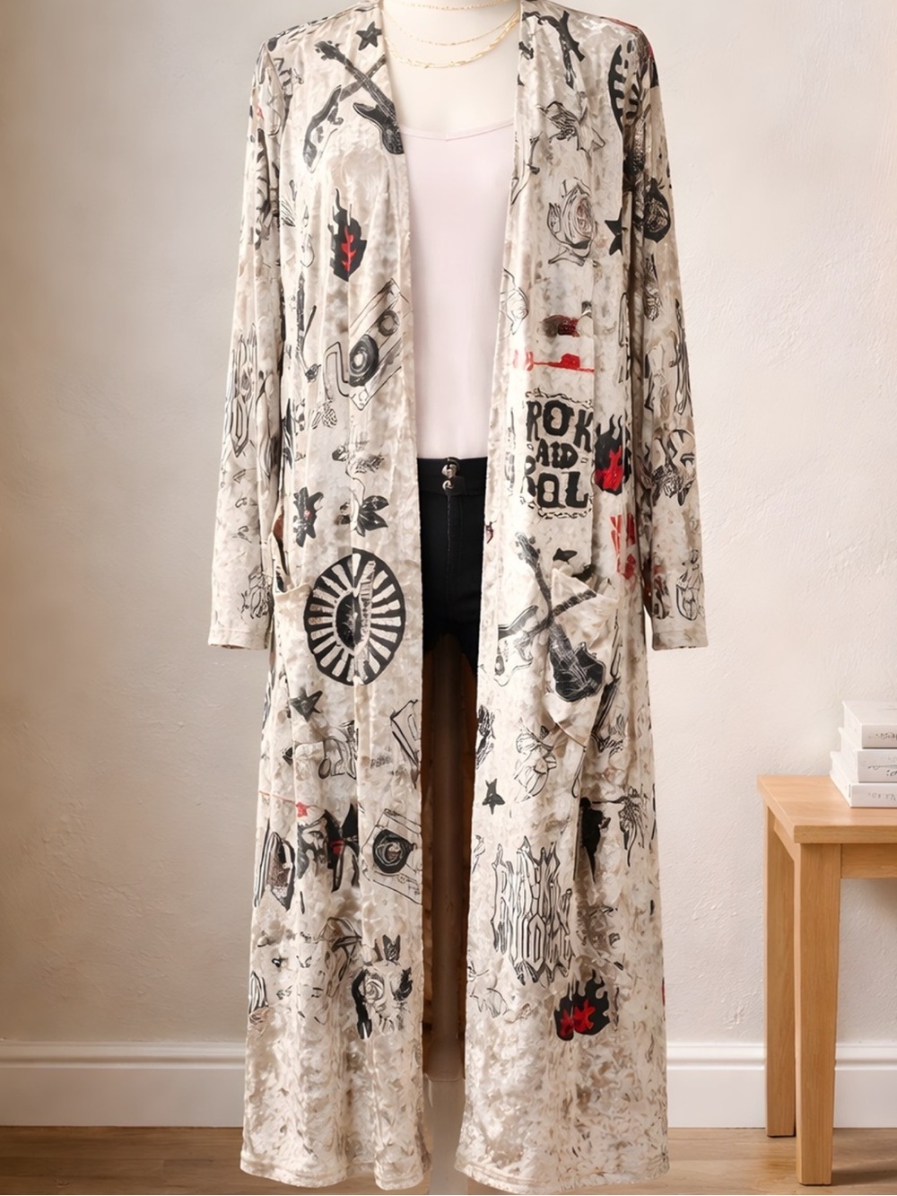 Origani Long Open-Front mesh Graphic Cardigan Cream/Black